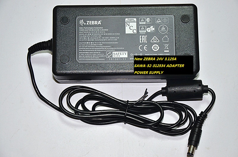 New ZEBRA SAWA-52-312534 6.5*3.0 24V 3.125A ADAPTER POWER SUPPLY